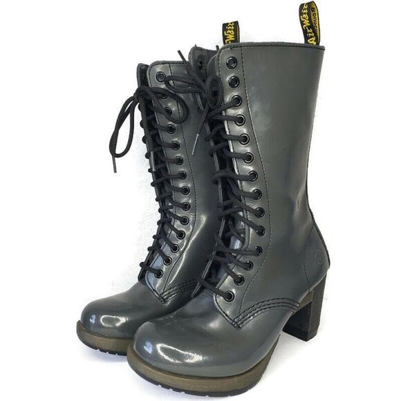 Dr Martens Dee 14 Eye Gray Patent Leather Heeled Lace-up Boots Womens 6-6.5 Diva - Picture 1 of 16